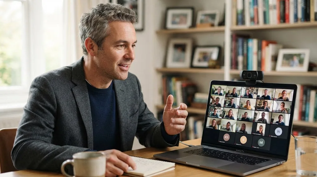 Illustration of a person presenting to a large online community of learners visible on a laptop screen, representing an identifiable founder with a public track record
