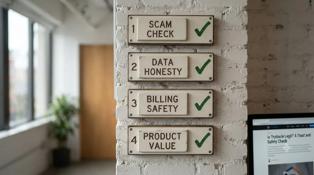 Illustration of four labeled boxes representing scam check, data honesty, billing safety, and product value arranged as a checklist