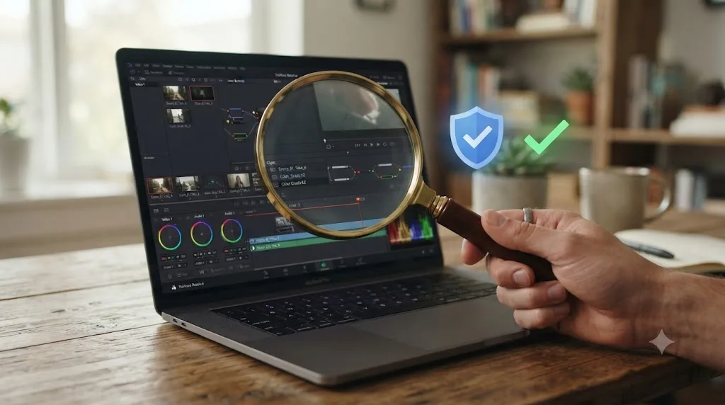 Illustration of a magnifying glass hovering over a laptop showing a DaVinci Resolve interface with small trust-check icons nearby