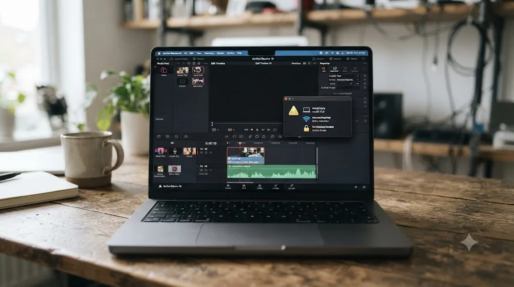 Illustration of a MacBook displaying a DaVinci Resolve interface with a small icon list showing macOS only, internet required, and permissions needed