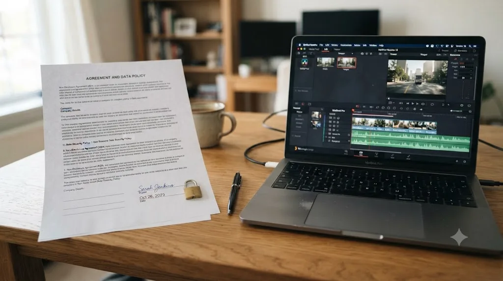Illustration of a signed contract document with a padlock icon next to a laptop showing a DaVinci Resolve interface