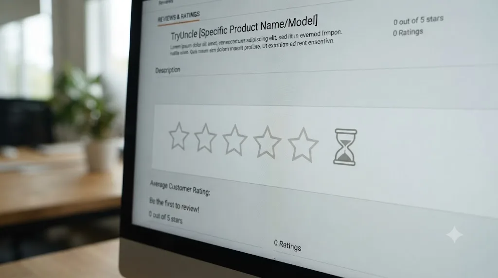 Illustration of an empty row of star rating icons on a review platform screen with a small hourglass icon representing a young product