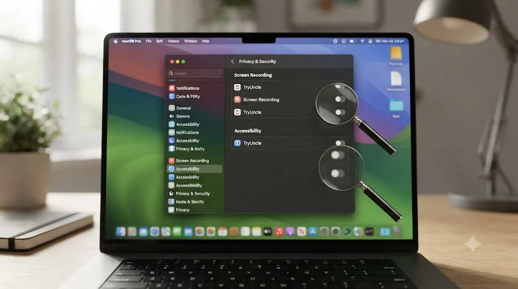 Illustration of a macOS permissions dialog showing Screen Recording and Accessibility toggles being inspected by a small magnifying glass icon