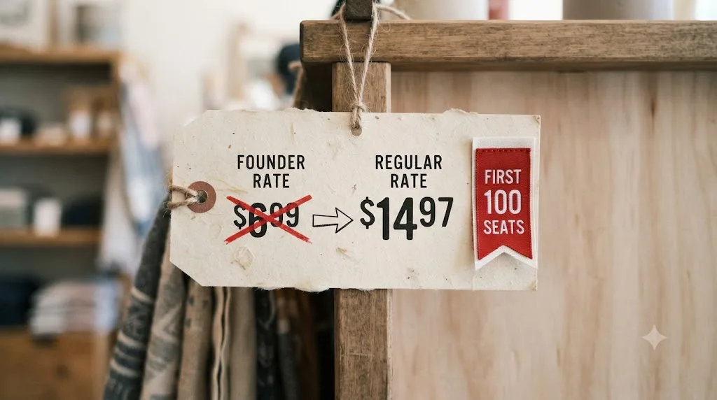 Illustration of a pricing tag showing a founder rate and a regular rate with a small countdown ribbon labeled first 100 seats