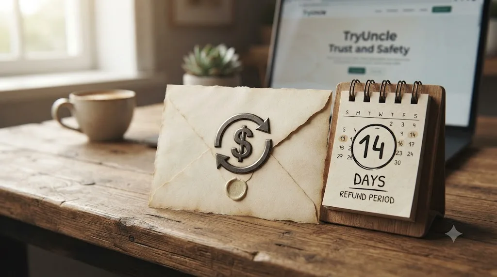 Illustration of an envelope with a refund symbol next to a 14-day calendar countdown representing a refund policy