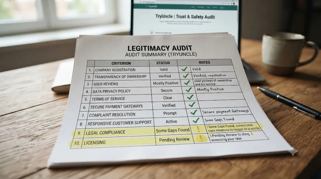 Illustration of a scorecard table with checkmarks next to most rows and two rows highlighted differently, representing a legitimacy audit