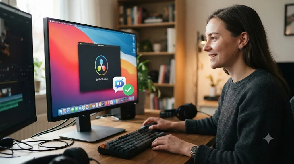 Illustration of a person confidently opening DaVinci Resolve with a small AI tutor icon and a checkmark badge in the corner of the screen