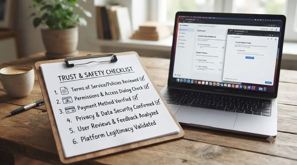 Illustration of a numbered checklist on a clipboard next to a MacBook with small icons for a document, permissions dialog, and credit card statement