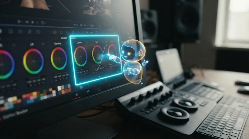 Illustration of a small AI tutor character drawing a glowing box around a color grading control inside a DaVinci Resolve interface