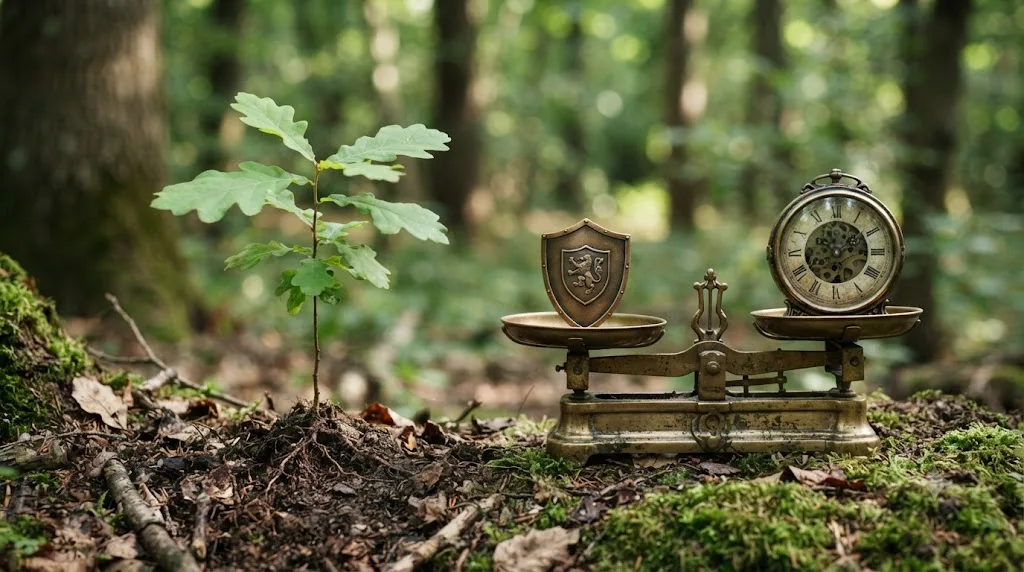 Illustration of a small sapling next to scale icons weighing a shield against a clock, representing legitimacy versus product age as separate questions