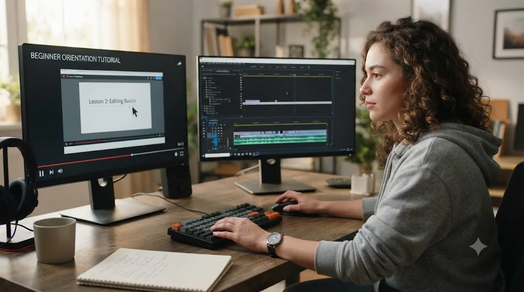Illustration of a beginner editor with an orientation video paused next to their own project being guided live