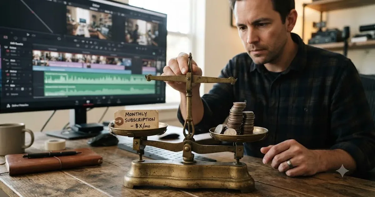 Illustration of a scale weighing a subscription price tag against a DaVinci Resolve editing timeline