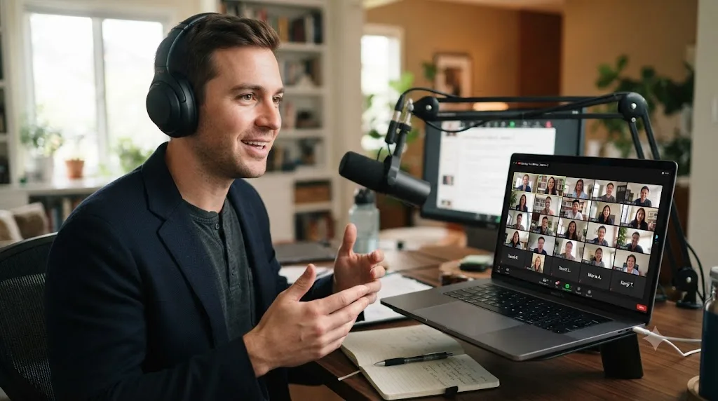 Illustration of a person presenting to a large online community of learners visible on a laptop screen