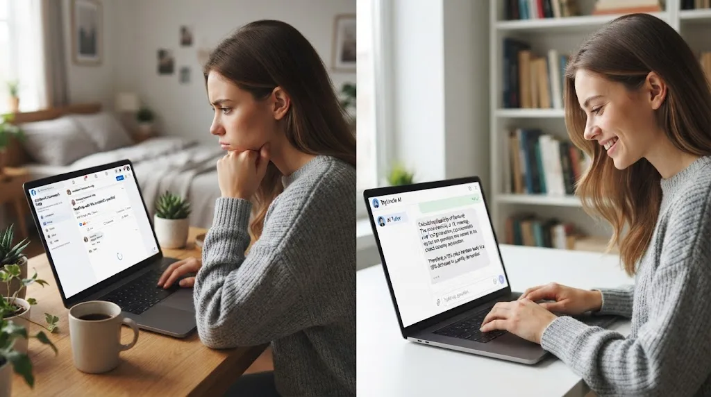 Illustration of a person waiting for a group reply on one side and getting an instant AI tutor answer on the other