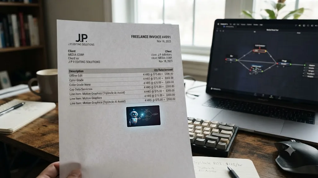 Illustration of a freelance invoice with a motion graphics line item next to an AI tutor pointing at a node tree