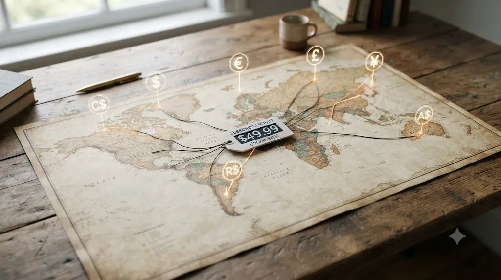 Illustration of a world map with different currency symbols connected to a single subscription price tag