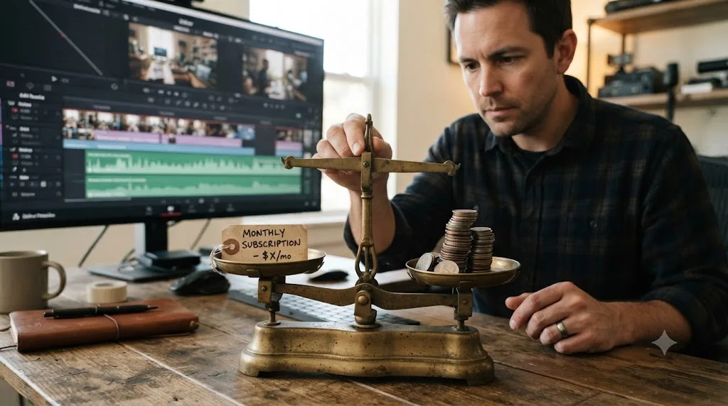 Illustration of a person weighing a subscription price tag against a stack of coins on a balance scale