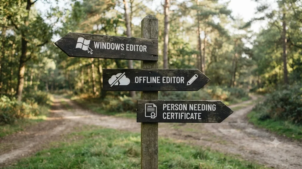 Illustration of a crossroads sign pointing toward different paths based on platform, connectivity, and certificate needs