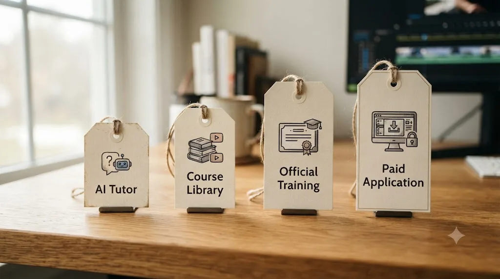 Illustration of several price tags of different heights next to icons representing different DaVinci Resolve learning options