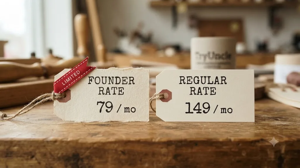 Illustration of two price tags labeled founder rate and regular rate with a limited ribbon on the founder tag