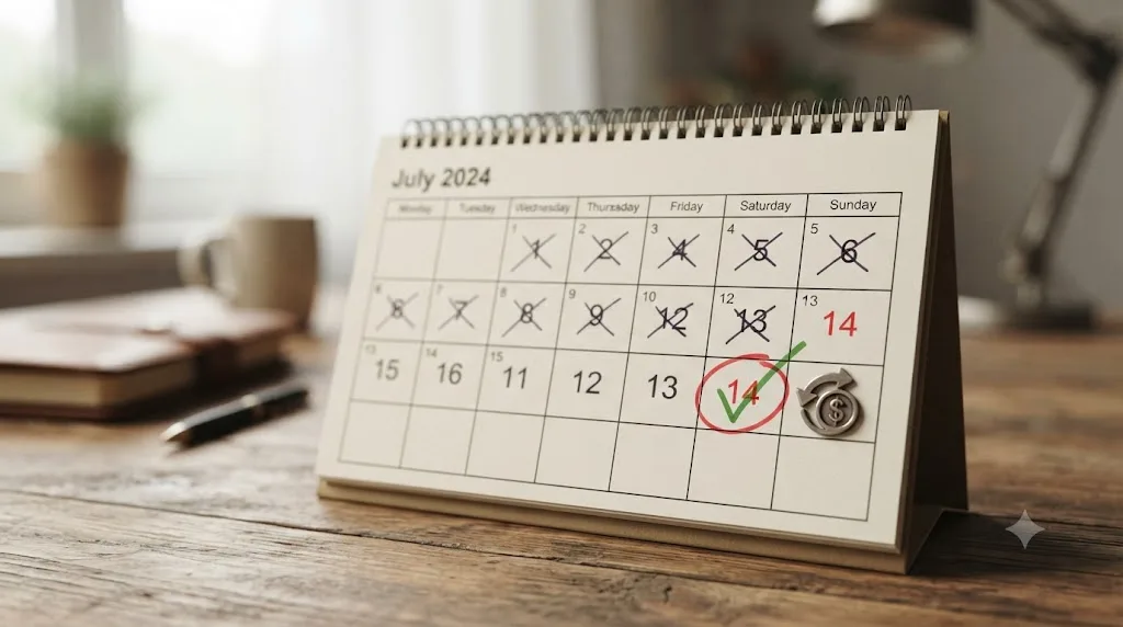 Illustration of a calendar showing a 14-day countdown with a refund icon on the final day
