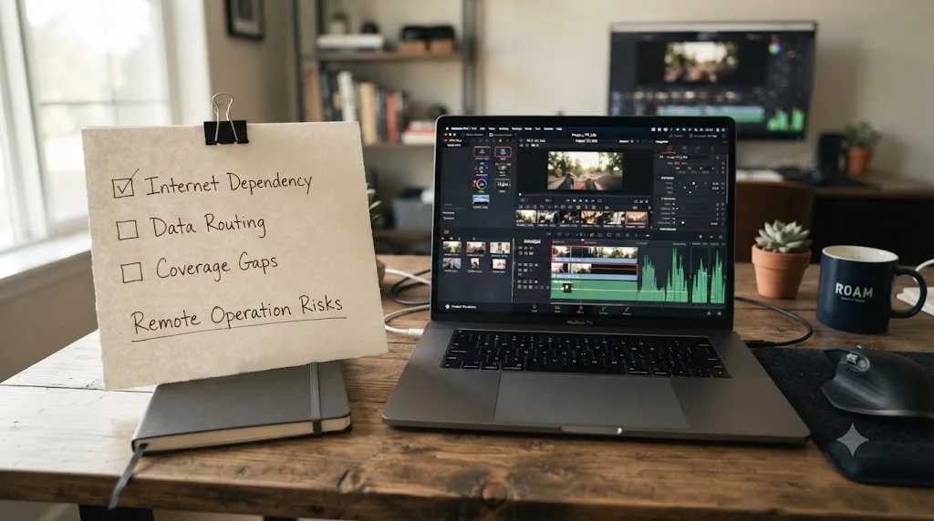 Illustration of a checklist of risk factors next to a MacBook running an editing application