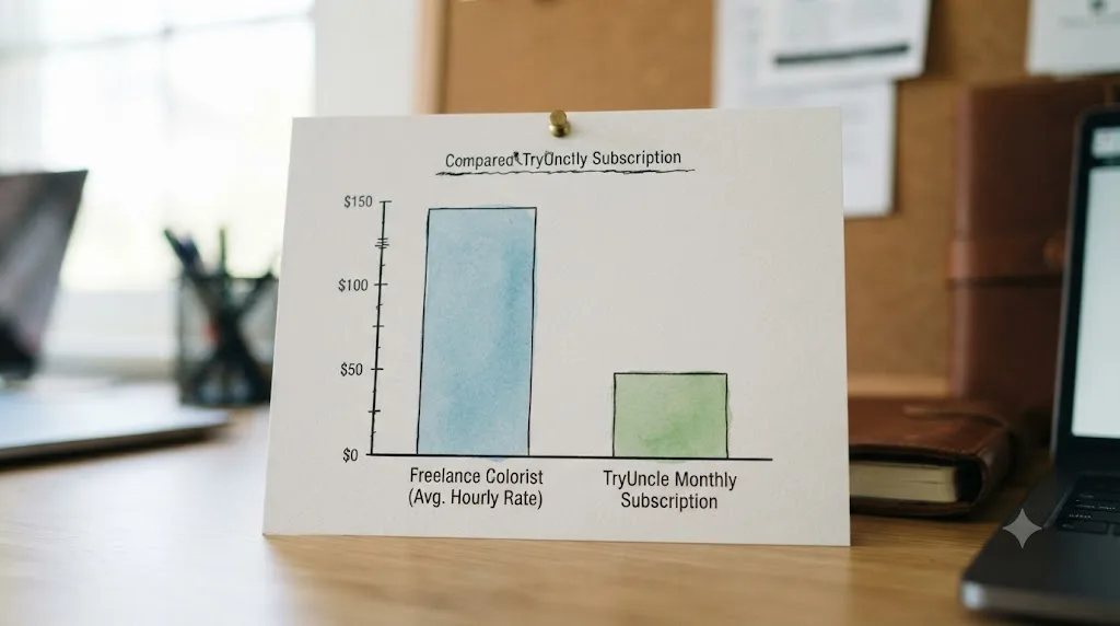 Illustration of a bar chart comparing freelance colorist hourly rates against one month of subscription cost