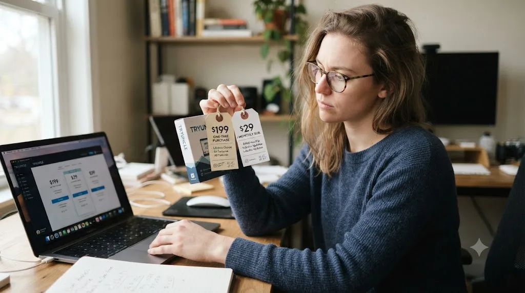 Illustration of a person comparing a one-time software purchase price tag against a monthly subscription price tag
