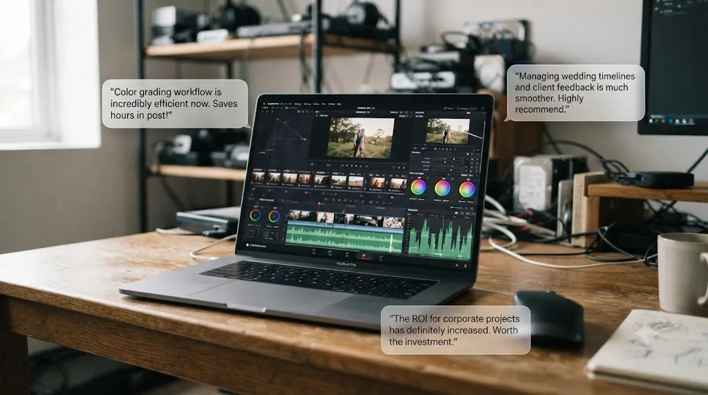 Illustration of three quote bubbles from different editors arranged around a laptop showing an editing timeline