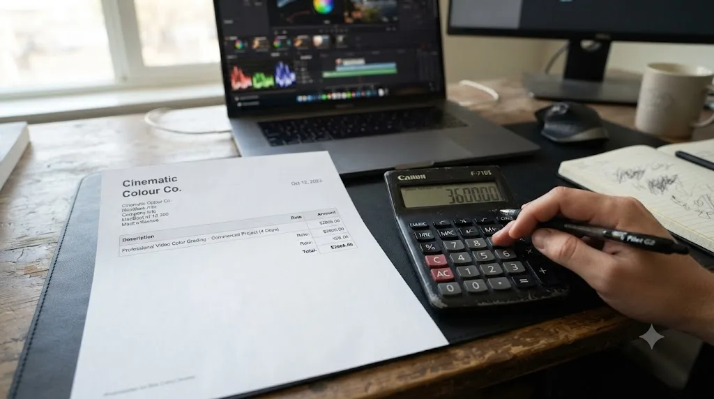 Illustration of an invoice with a color grading line item next to a calculator comparing it to a year of subscription cost