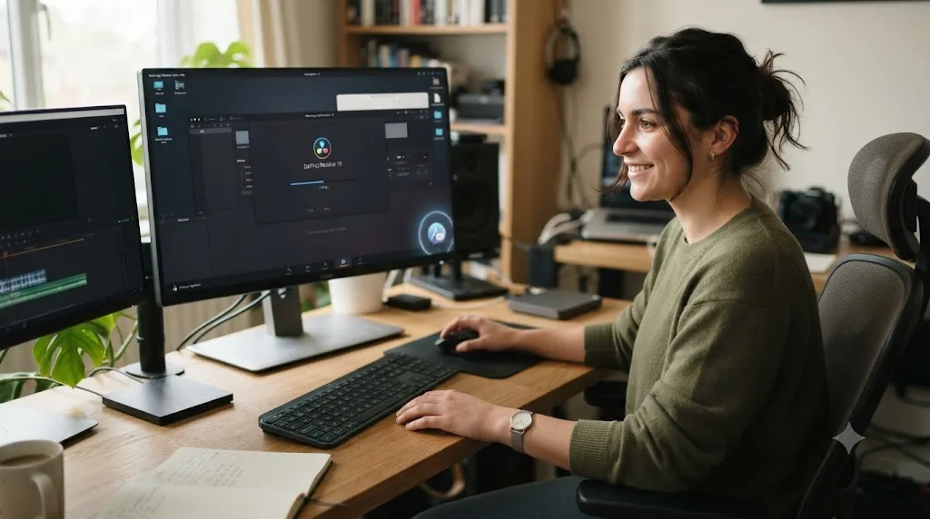 Illustration of a person confidently opening DaVinci Resolve with an AI tutor icon active in the corner of the screen