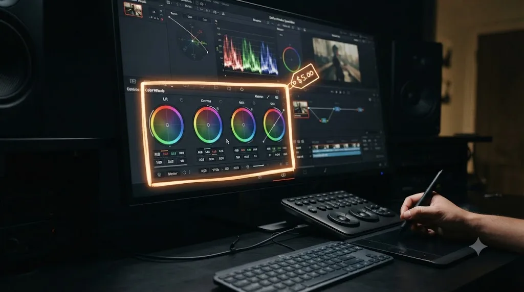 Illustration of a glowing box highlighting a color control inside an editing interface with a small price tag icon