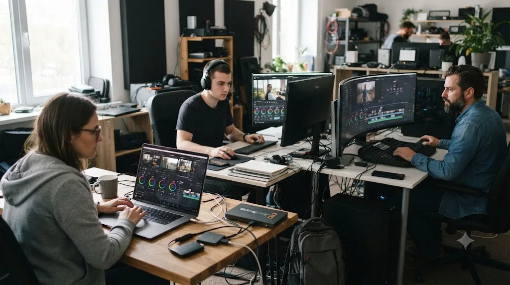 Illustration of several different editors each working on their own separate DaVinci Resolve project