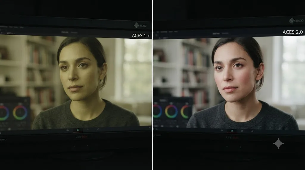 Illustration comparing skin tone rendering under ACES 1.x with a yellow cast against the more neutral ACES 2.0 in DaVinci Resolve