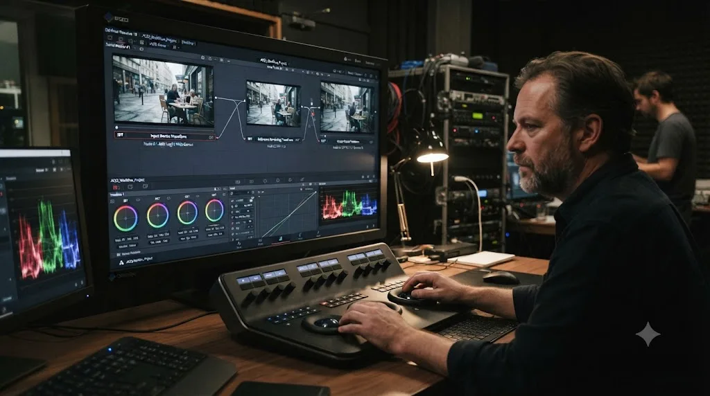 Illustration of the ACES color pipeline in DaVinci Resolve showing the Input Device Transform, Reference Rendering Transform, and Output Device Transform stages