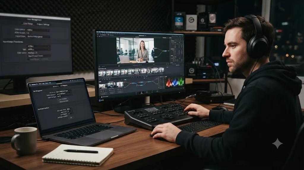 Illustration of a solo editor grading a corporate video project in DaVinci Resolve using Resolve Color Management