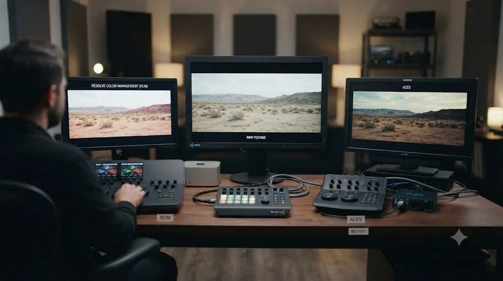 Illustration of two diverging color pipelines in DaVinci Resolve, one labeled Resolve Color Management and one labeled ACES, both starting from the same raw footage