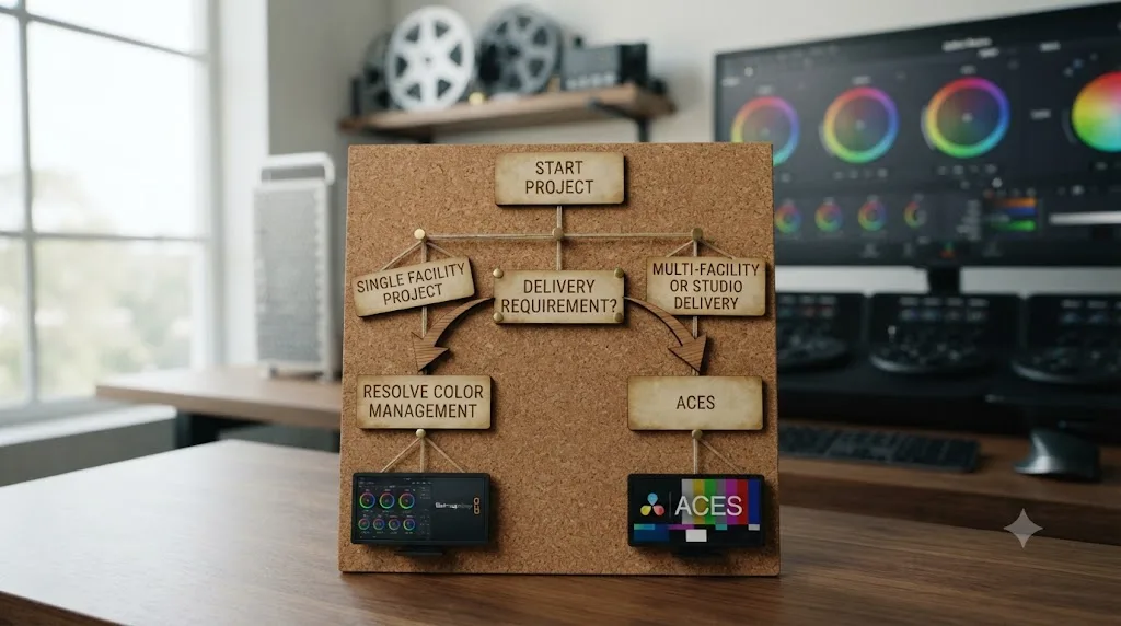 Illustration of a decision flowchart for choosing between Resolve Color Management and ACES in DaVinci Resolve based on project type
