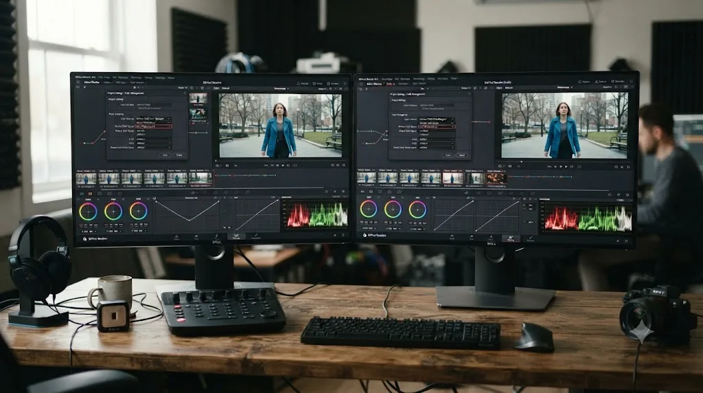 Illustration comparing DaVinci Resolve's free and Studio versions, showing Resolve Color Management and ACES available in both
