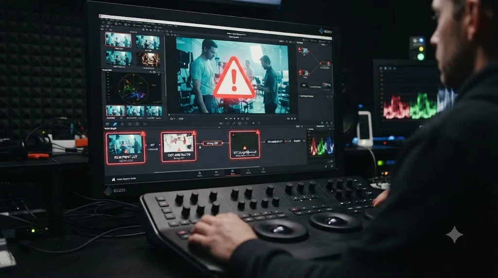 Illustration of common color management mistakes in DaVinci Resolve, including a mismatched film LUT and an incorrect Input Device Transform