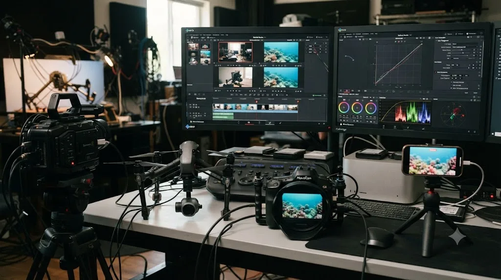 Illustration of four different camera types, including a drone and an underwater housing, feeding mismatched footage into a DaVinci Resolve color pipeline