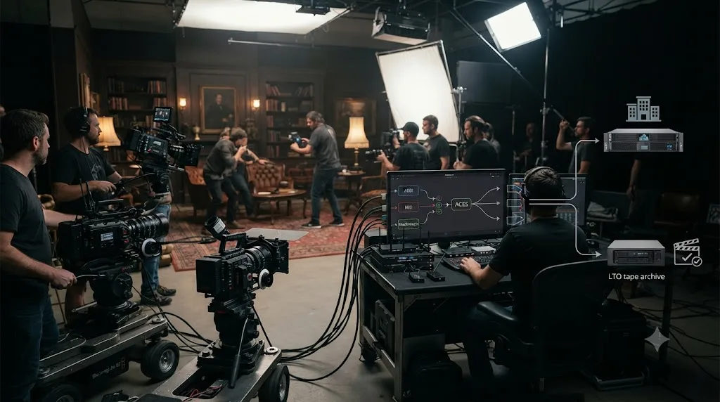 Illustration of a narrative film set with multiple camera types feeding into a unified ACES color pipeline in DaVinci Resolve