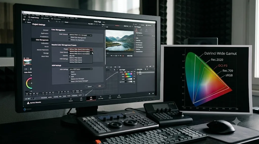 Illustration of DaVinci Resolve's Color Management settings panel with the DaVinci Wide Gamut Intermediate preset highlighted