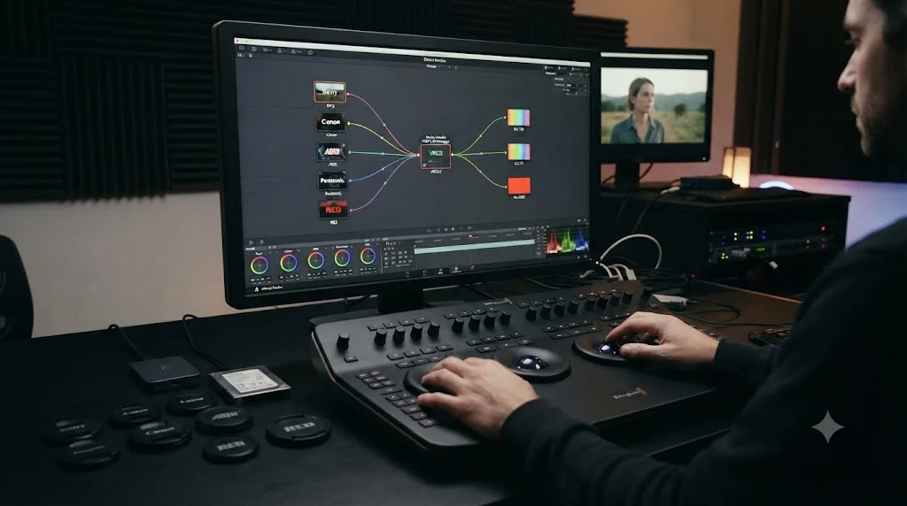 Illustration of five different camera color profiles converging into one shared scene-referred color pipeline in DaVinci Resolve