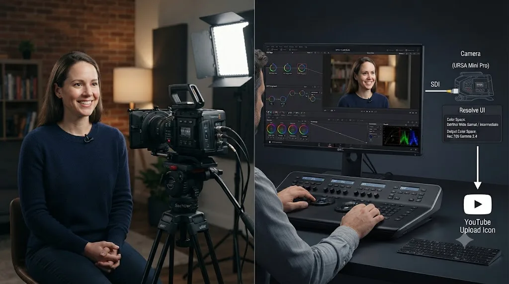 Illustration of a single-camera interview documentary workflow using Resolve Color Management in DaVinci Resolve