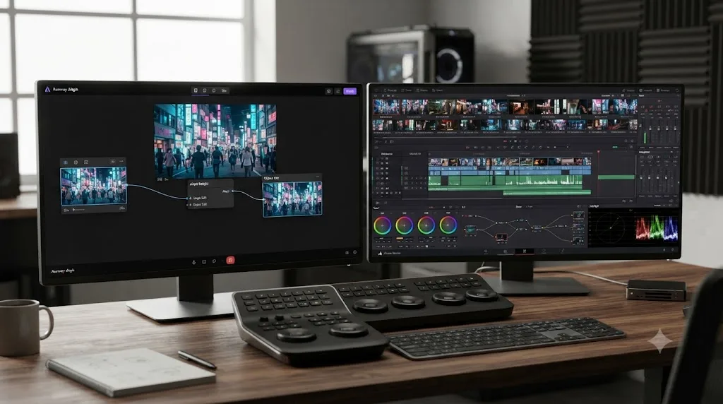 Illustration comparing a single 30-second clip edited in Runway's Aleph to a full multi-clip DaVinci Resolve timeline with synced audio and color