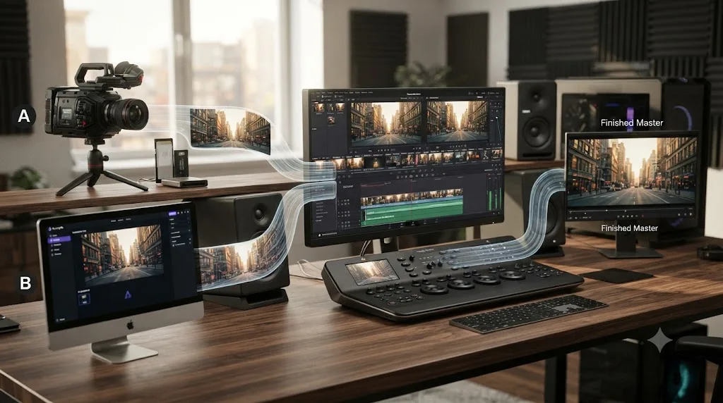 Illustration of a production pipeline with an AI-generated clip from Runway flowing into a DaVinci Resolve timeline alongside real camera footage