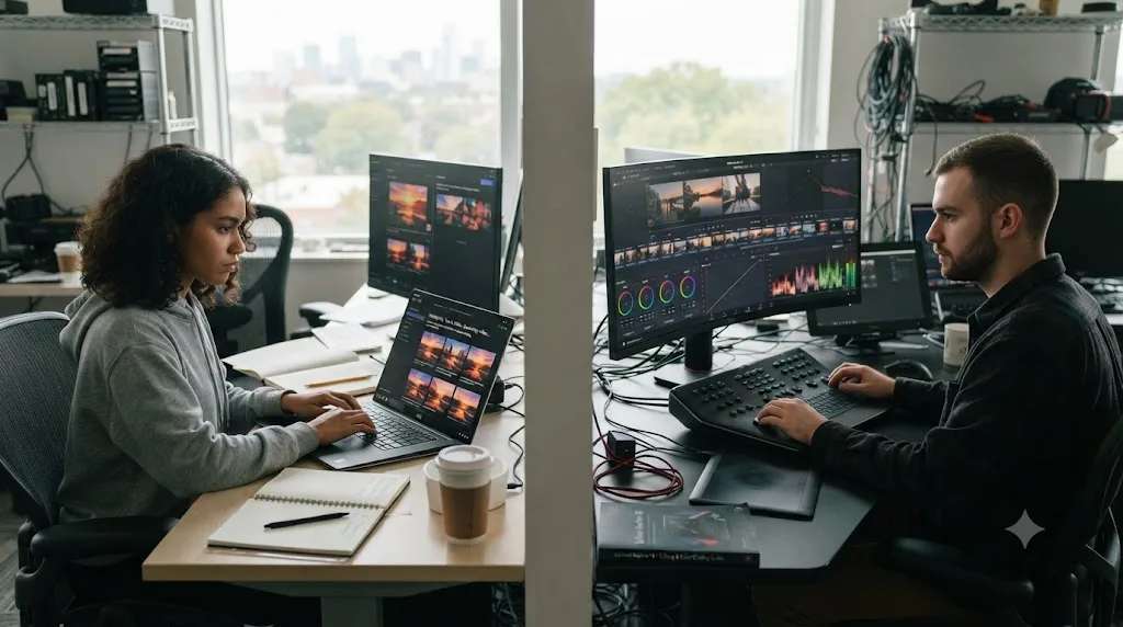 Illustration of a split learning path, one branch for AI video prompting, the other for DaVinci Resolve's editing, color, and audio tools