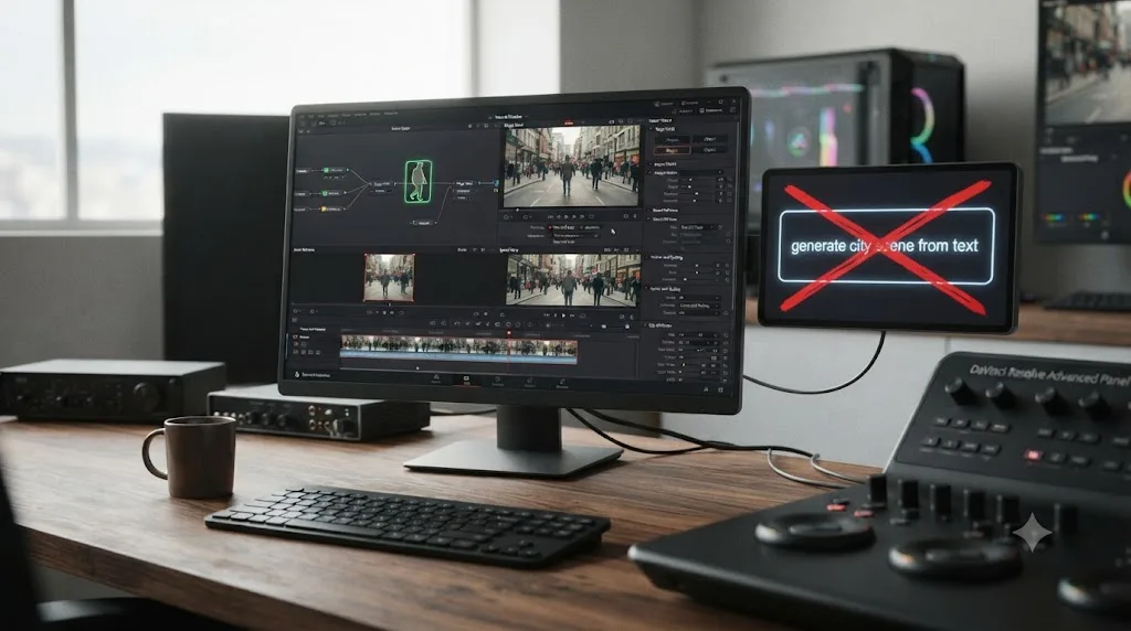 Illustration of DaVinci Resolve's Neural Engine AI tools working on existing footage, with a crossed-out text-to-video prompt box showing the feature it lacks