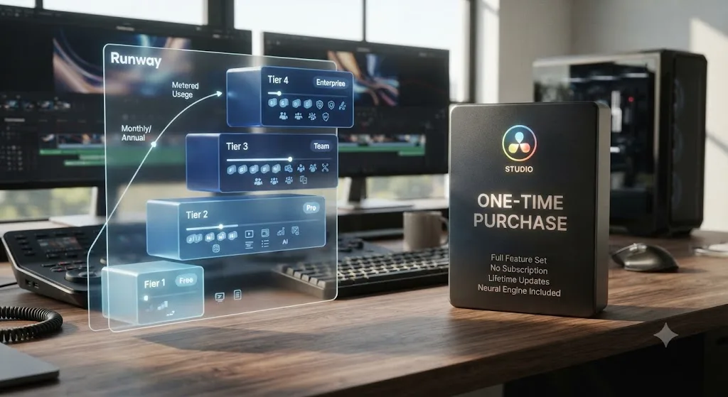 Illustration comparing Runway's tiered, metered subscription pricing to DaVinci Resolve's one-time Studio purchase